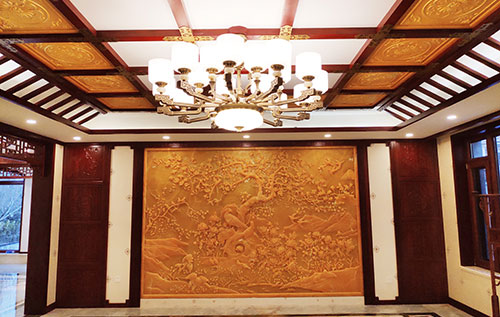 仙游中式别墅客厅中式木作横梁吊顶装饰展示