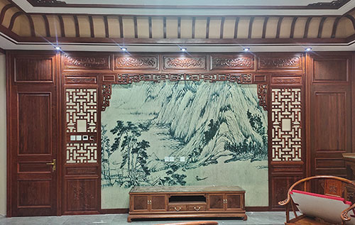 仙游中式仿古别墅客厅背景墙花格木作装饰